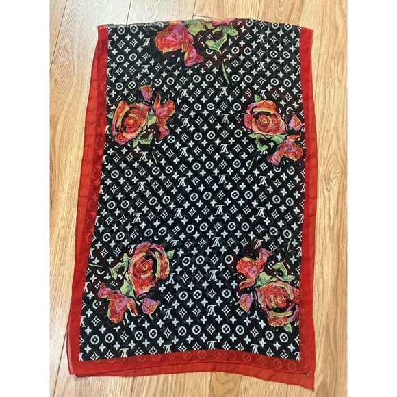 Louis Vuitton Rose Graffiti Scarf Monogram Red Black Spellout All Over Pattern - Picture 4 of 4